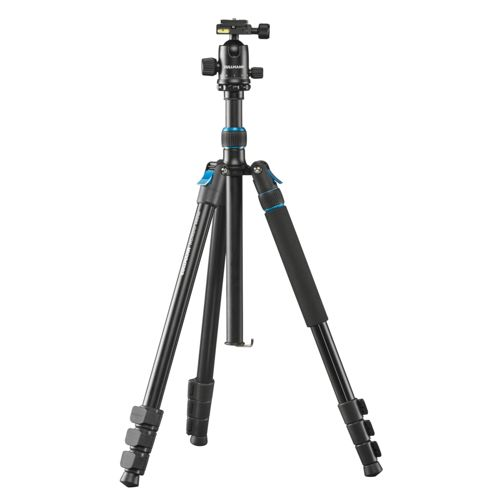 A black tripod with blue accents and a ball head mount.