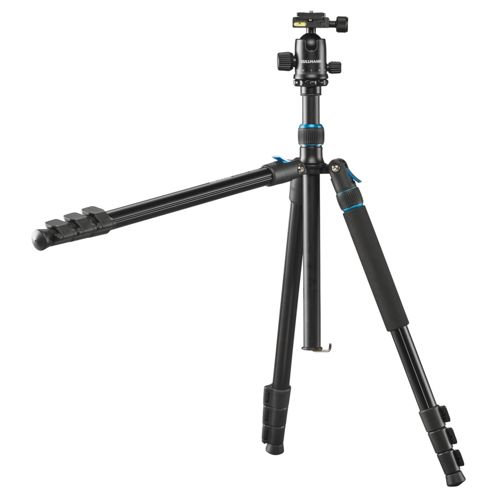 A black tripod with a ball head and one leg extended horizontally.