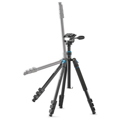 A black tripod with three legs and a camera head, set against a white background.