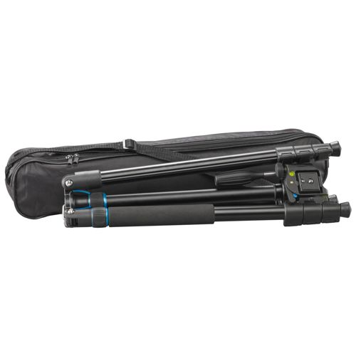 A black folded tripod with a carrying bag.