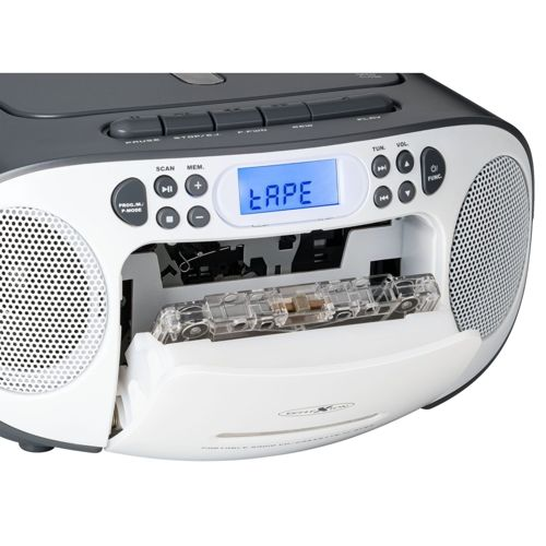 Ein tragbarer Kassettenspieler mit CD-Fach und LCD-Anzeige.