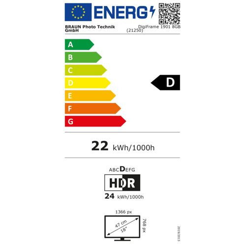 Etiqueta de eficiencia energética con escala A-G, consumo 22 kWh/1000h, HDR.