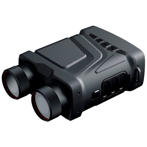 Binocolo per visione notturna nero con ghiere di messa a fuoco e pulsanti.