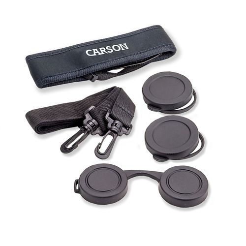 Una tracolla nera con testo "CARSON" e tappi per obiettivi.