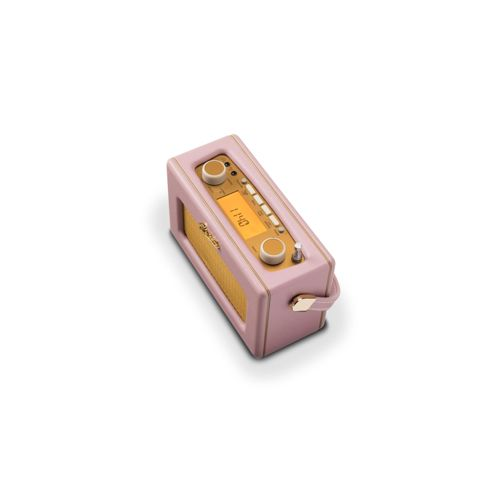 Una radio rosa vintage con dettagli dorati e display digitale che mostra 11:40.