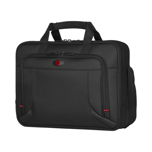 Schwarze Laptoptasche mit Tragegriffen und rotem Logo auf der Vorderseite.