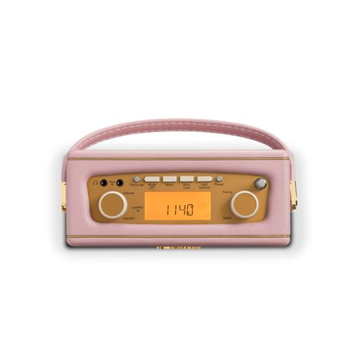 Una radio rosa con manico e display digitale che mostra 11:40.