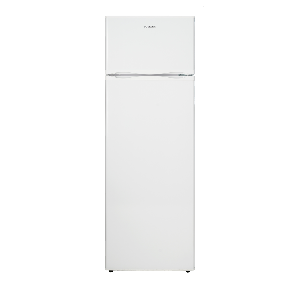 Un refrigerador blanco con congelador superior y un asa plateada.