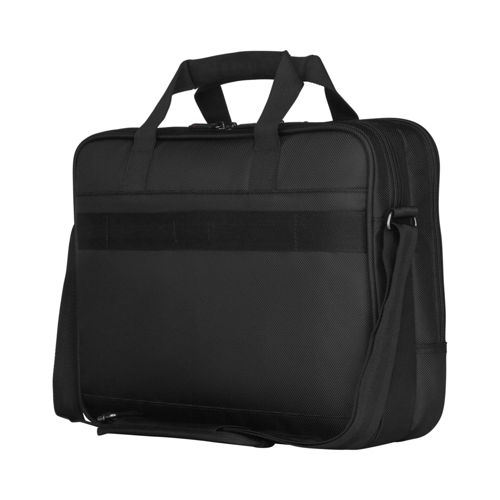 Eine schwarze Laptoptasche mit Tragegriffen und Schultergurt.