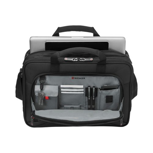 Schwarze Laptoptasche mit offenem Fach, Laptop, Schlüsseln, Stiften und Handy.
