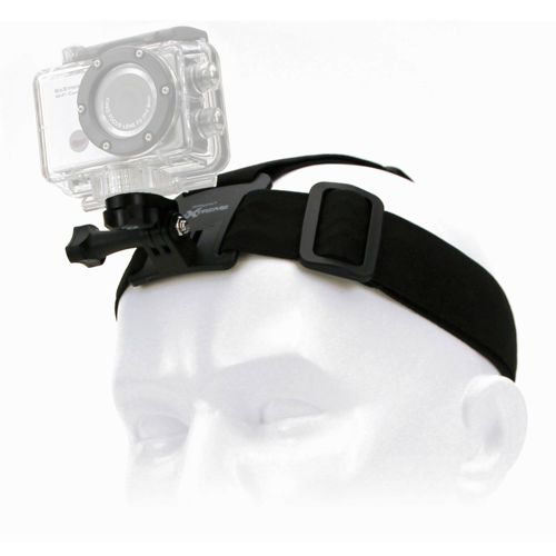 Fascia nera con action camera trasparente montata su testa di manichino bianca.