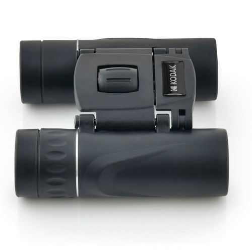 Binocolo Kodak nero pieghevole con accenti argentati e cerniera centrale.