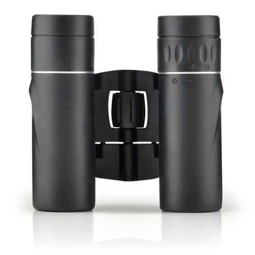 Binocolo nero con accenti argentati e cerniera centrale.