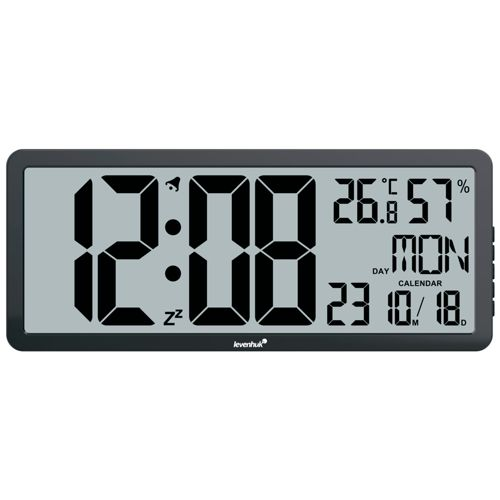 Digitaluhr zeigt 12:08, 26.8C, 57% Luftfeuchtigkeit, Mo, 23. Okt.