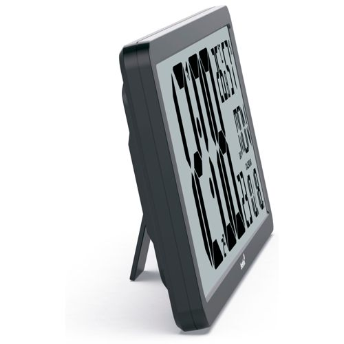 Ein digitales Thermometer mit Uhr und Kalender, auf einem Ständer stehend.