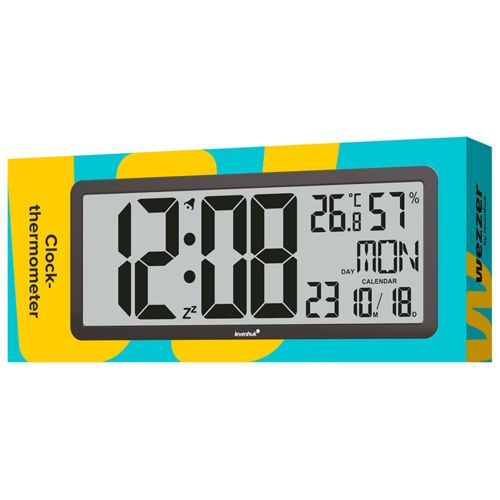Digitaluhr-Thermometer zeigt 12:08, 26,8C, 57% Luftfeuchtigkeit, Mo, 23. Okt 2018.