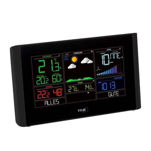 Digitale Wetterstation zeigt Außentemperatur 21,3°C, Luftfeuchtigkeit 60%, Innentemperatur 22,2°C und 48%.