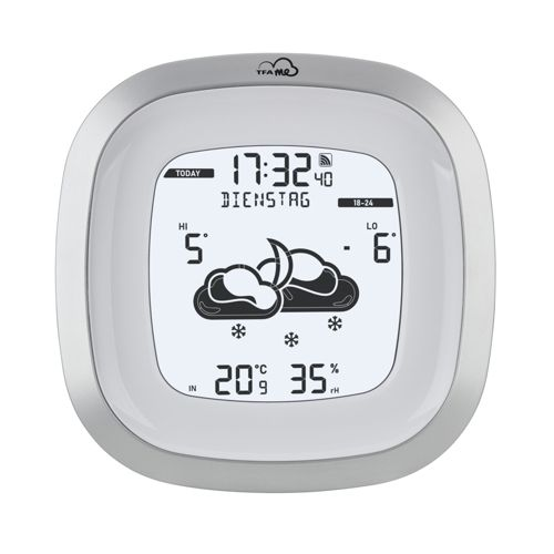 Horloge numérique affiche 17:32, Mardi, 5°C (HI), -6°C (LO), 20°C (IN), 35% HR, nuageux avec lune.
