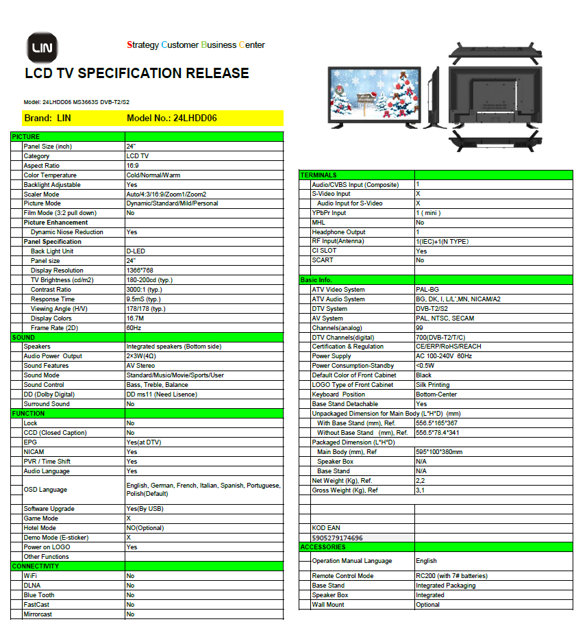 Scheda tecnica TV LCD LIN, con dettagli su immagine, audio, terminali e informazioni di base.