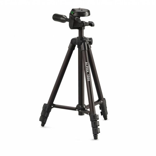 Un trípode negro Alpha 1000 para cámara con tres patas y cabeza ajustable.