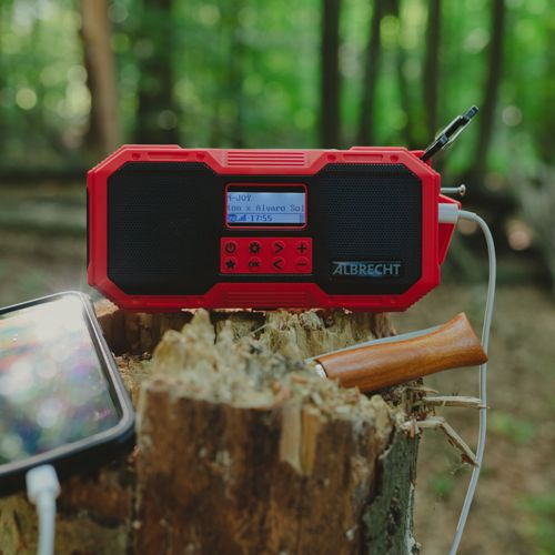 Ein rotes Albrecht-Radio und ein Smartphone sitzen auf einem Baumstumpf im Wald.