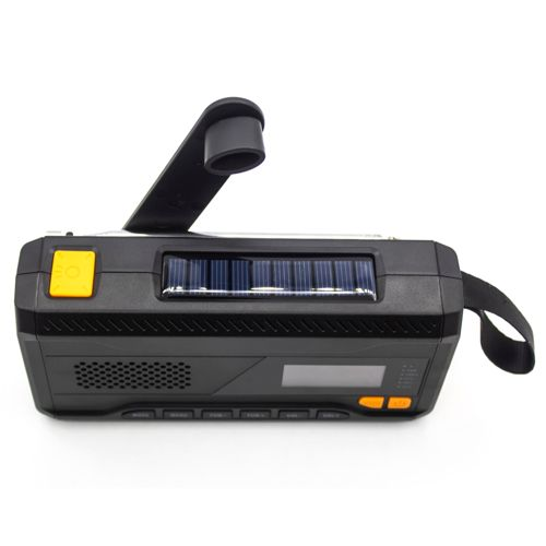 A black hand-crank radio with a solar panel, yellow button, and crank.