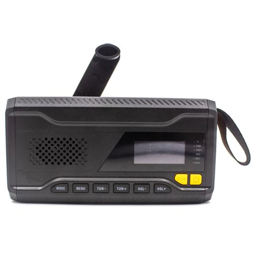 A black portable radio with a crank handle and a small LCD screen.