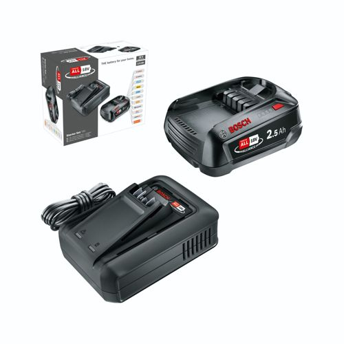 Set batteria e caricabatterie Bosch 18V con scatola. Batteria nera 2.5Ah, caricabatterie nero con cavo.