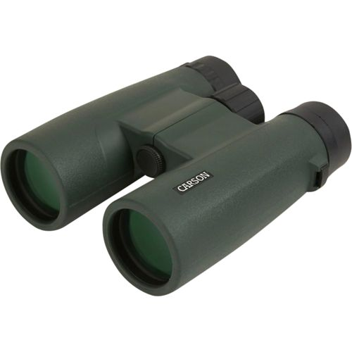 Binocolo Carson verde scuro con tappi neri e rotella di messa a fuoco.