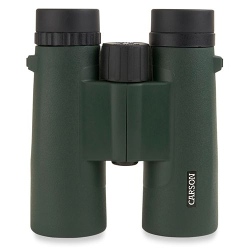 Binocolo verde scuro con rotella di messa a fuoco e tappi neri.