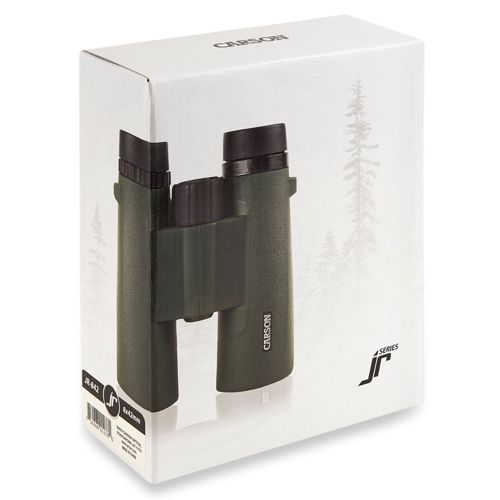 Binocolo Carson su scatola bianca con grafica forestale. Modello JR-642.