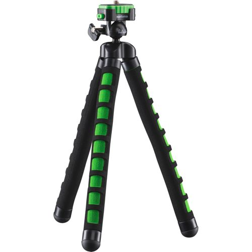 Un mini treppiede flessibile nero e verde con testa a sfera.