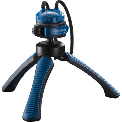 Un mini treppiede blu e nero a tre gambe. La testa è blu con un cavo nero.