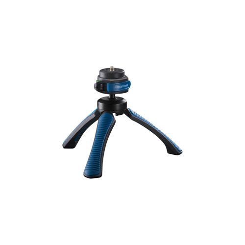 Un piccolo treppiede da tavolo nero e blu a tre gambe.