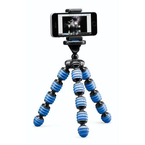 Ein Smartphone auf einem flexiblen, blau-schwarzen Stativ mit drei Beinen.