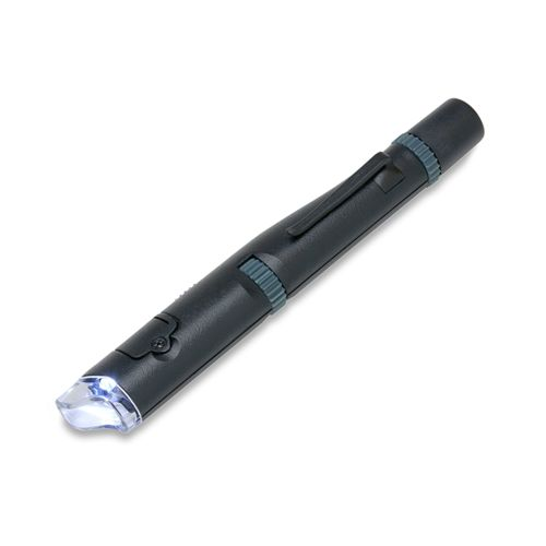 Penna scura con luce LED e clip, su sfondo bianco.