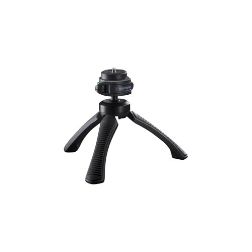 A small black tripod with three legs and a ball head mount.
