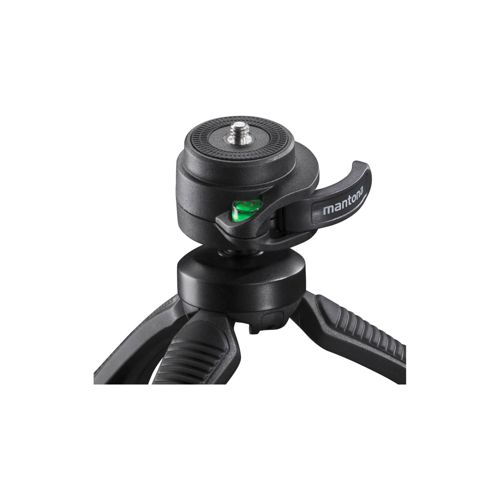 A black, compact camera tripod head with a green bubble level insert.