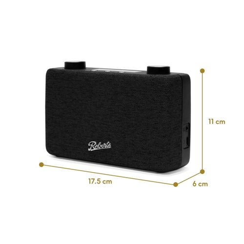 Haut-parleur Roberts noir, 17.5x11x6cm. Boutons de commande sur le dessus.