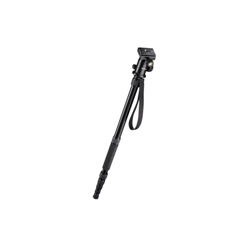 Un monopié negro y extensible con agarre y soporte para cámara.