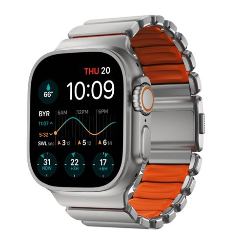 Graue Smartwatch mit orangefarbenem Armband und großem Display, das 10:09 Uhr anzeigt.