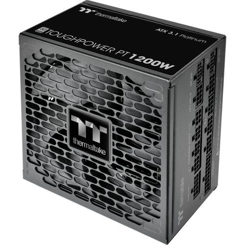 Un alimentatore Thermaltake grigio con griglia e porte.