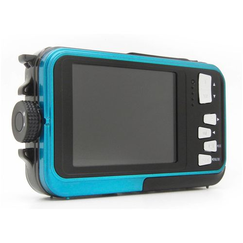 Cámara compacta impermeable azul con pantalla y botones negros.