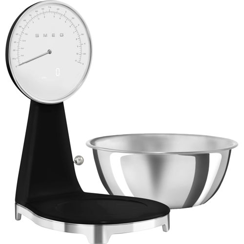 Balanza de cocina negra con bol plateado y dial redondo.