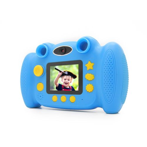Una cámara digital azul para niños, que muestra a un niño sonriente con sombrero de pirata en pantalla.