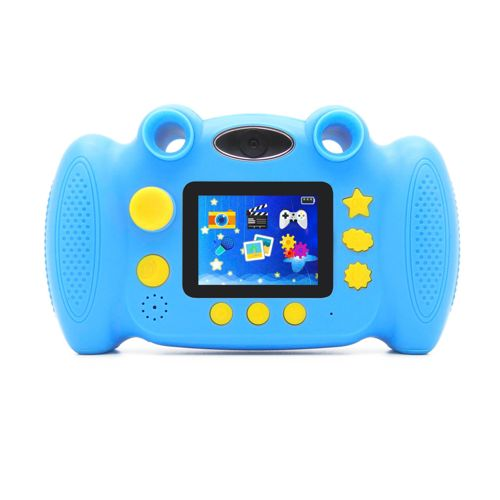 Juguete de cámara azul con forma de rana, botones amarillos y pantalla.