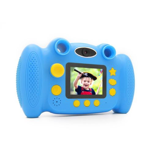 Cámara azul para niños con forma de rana. Muestra un niño sonriente con sombrero de pirata.