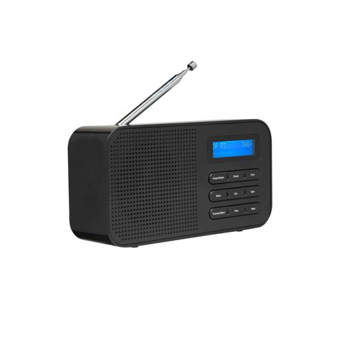 Ein schwarzes DAB-Radio mit ausklappbarer Antenne und blauer Anzeige.