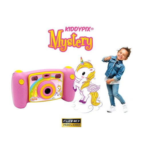 Cámara rosa Kiddypix Mystery con gráfico de unicornio, niña señalando, logo Full HD.