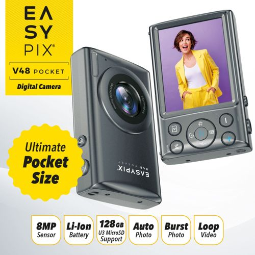 Aparat cyfrowy Easypix V48 Pocket z sensorem 8MP, baterią Li-Ion, obsługą 128GB.